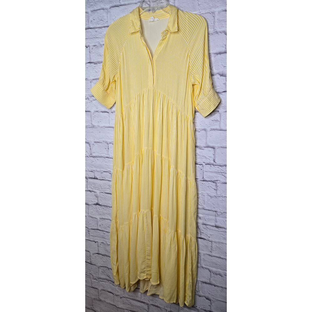 A Loves A Pinstripe Print Collar 3/4 Cuff Sleeve Tiered Midi Shirt Dress XS. - Picture 2 of 8